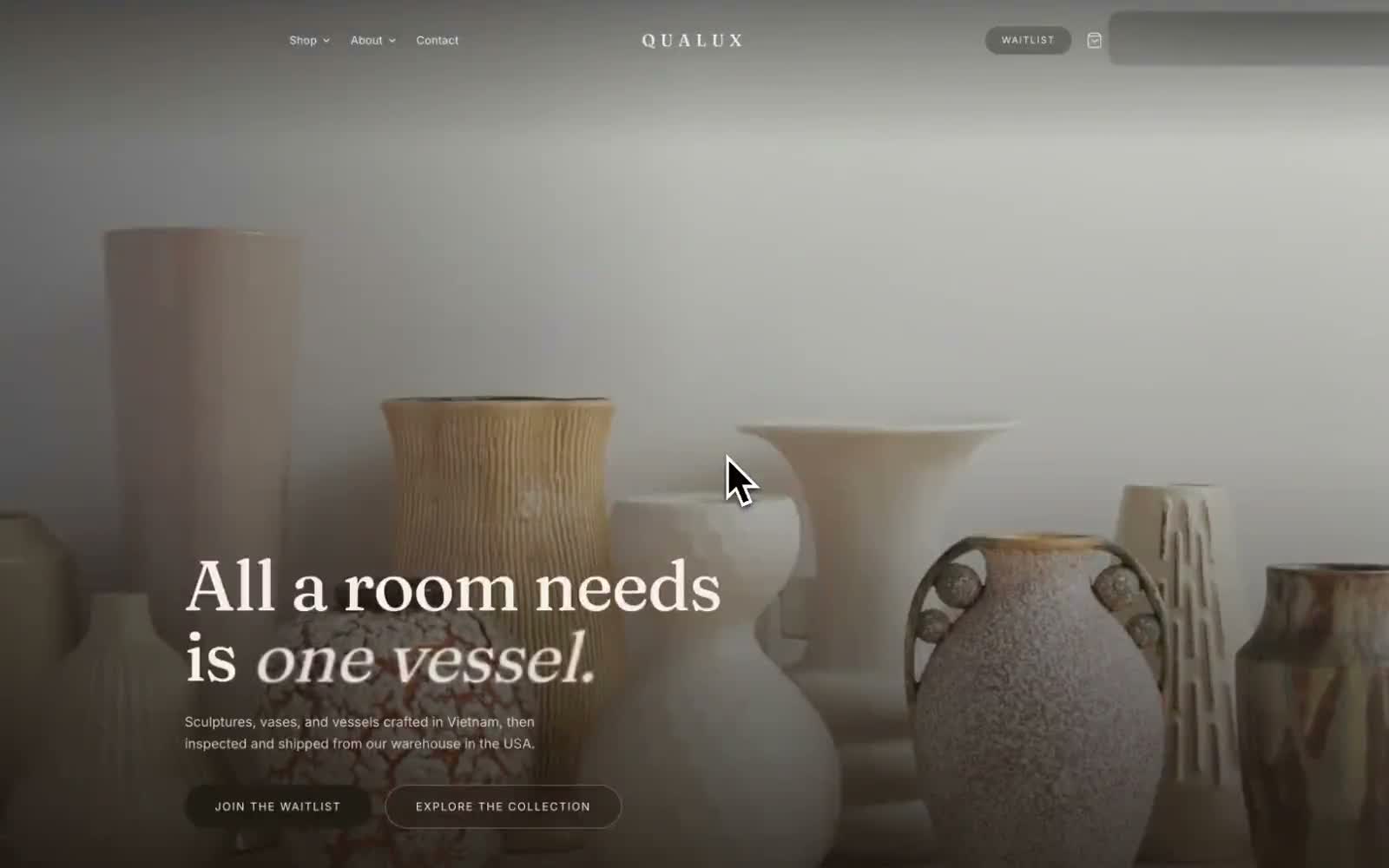 Screen recording of the Qualux site — hero, collections menu, and product grid